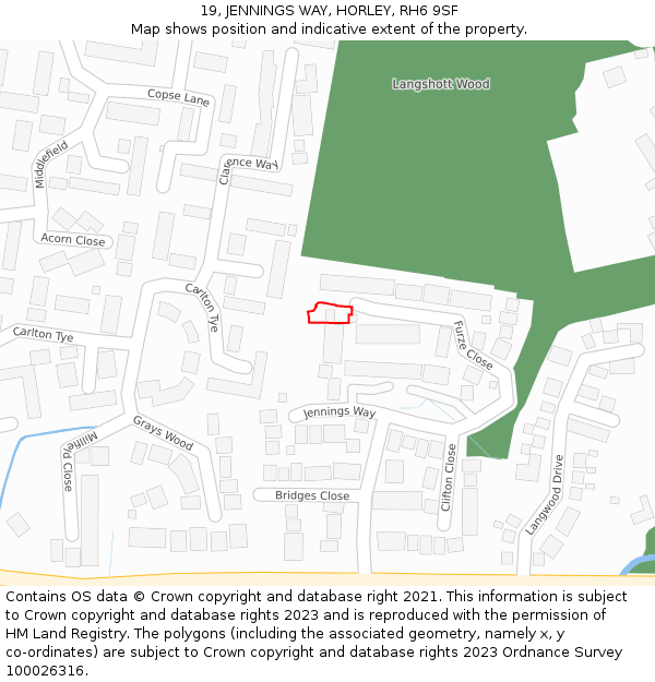 19, JENNINGS WAY, HORLEY, RH6 9SF: Location map and indicative extent of plot