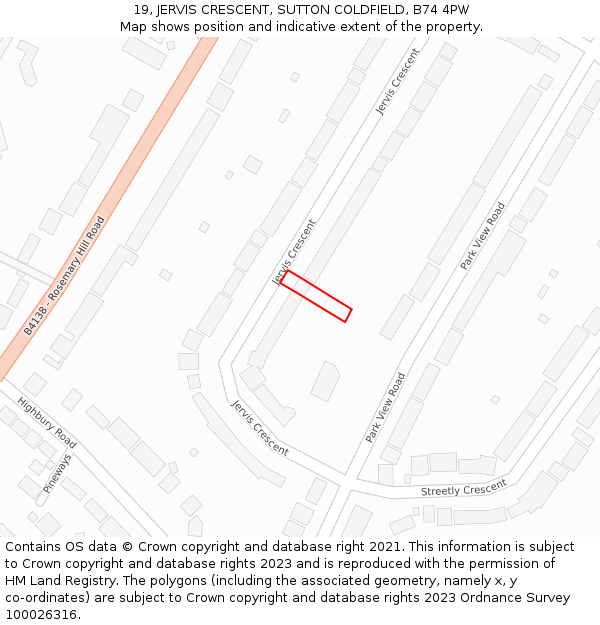 19, JERVIS CRESCENT, SUTTON COLDFIELD, B74 4PW: Location map and indicative extent of plot