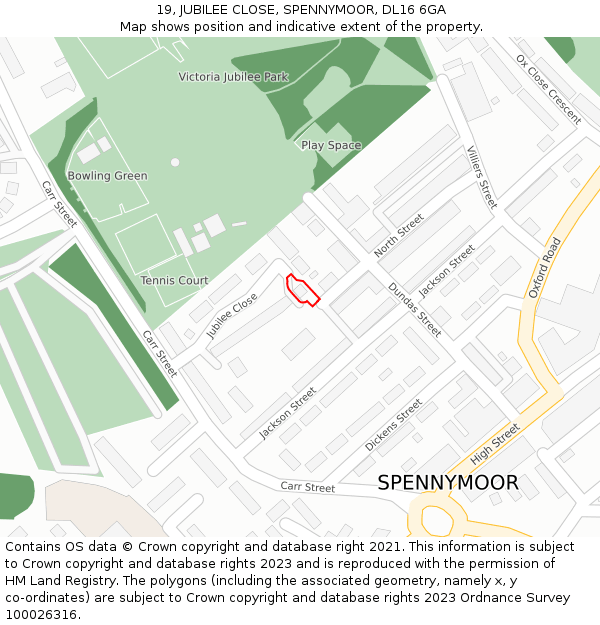 19, JUBILEE CLOSE, SPENNYMOOR, DL16 6GA: Location map and indicative extent of plot