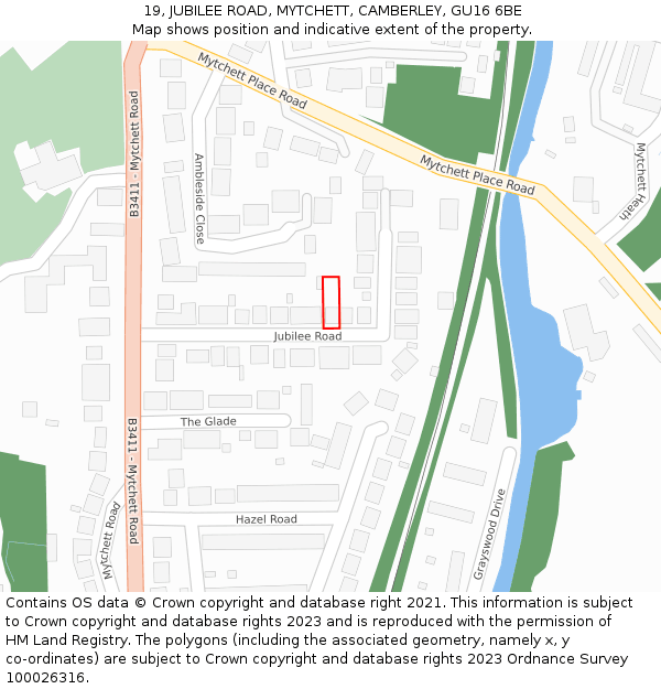 19, JUBILEE ROAD, MYTCHETT, CAMBERLEY, GU16 6BE: Location map and indicative extent of plot