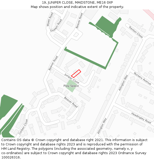 19, JUNIPER CLOSE, MAIDSTONE, ME16 0XP: Location map and indicative extent of plot