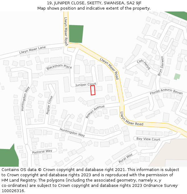 19, JUNIPER CLOSE, SKETTY, SWANSEA, SA2 9JF: Location map and indicative extent of plot