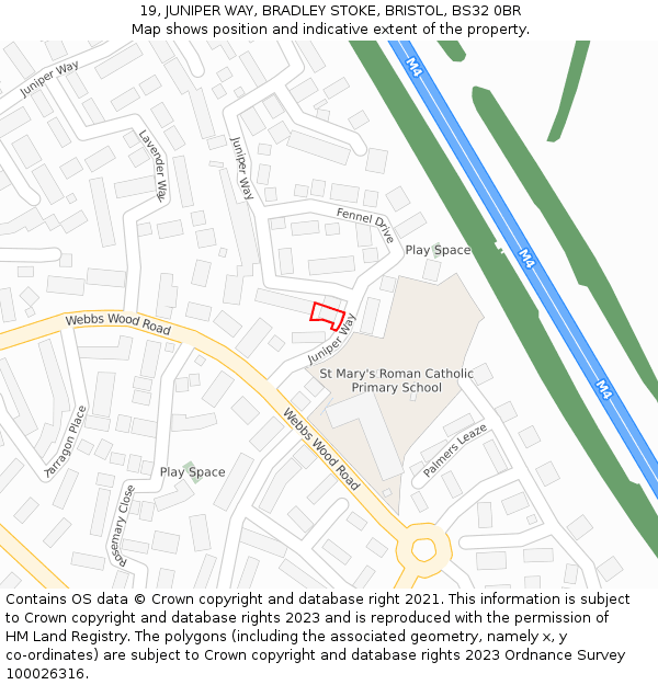 19, JUNIPER WAY, BRADLEY STOKE, BRISTOL, BS32 0BR: Location map and indicative extent of plot