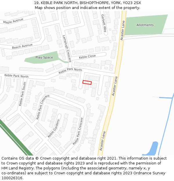 19, KEBLE PARK NORTH, BISHOPTHORPE, YORK, YO23 2SX: Location map and indicative extent of plot