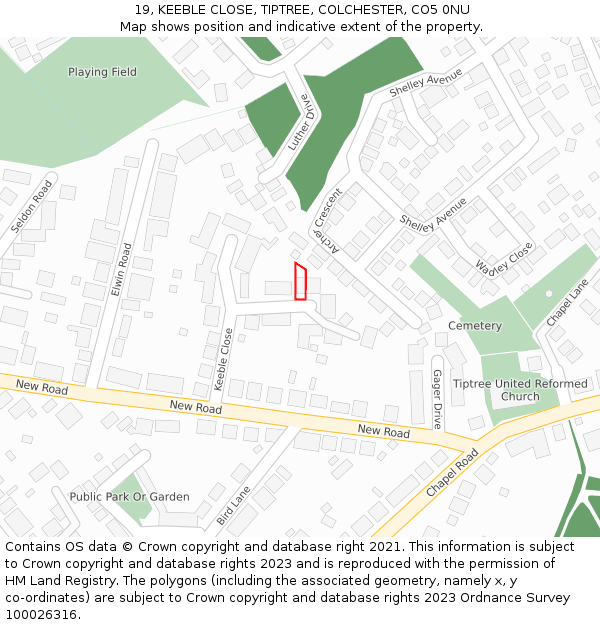 19, KEEBLE CLOSE, TIPTREE, COLCHESTER, CO5 0NU: Location map and indicative extent of plot