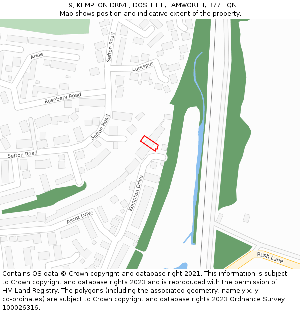 19, KEMPTON DRIVE, DOSTHILL, TAMWORTH, B77 1QN: Location map and indicative extent of plot