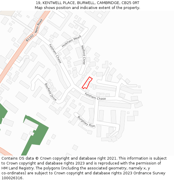 19, KENTWELL PLACE, BURWELL, CAMBRIDGE, CB25 0RT: Location map and indicative extent of plot