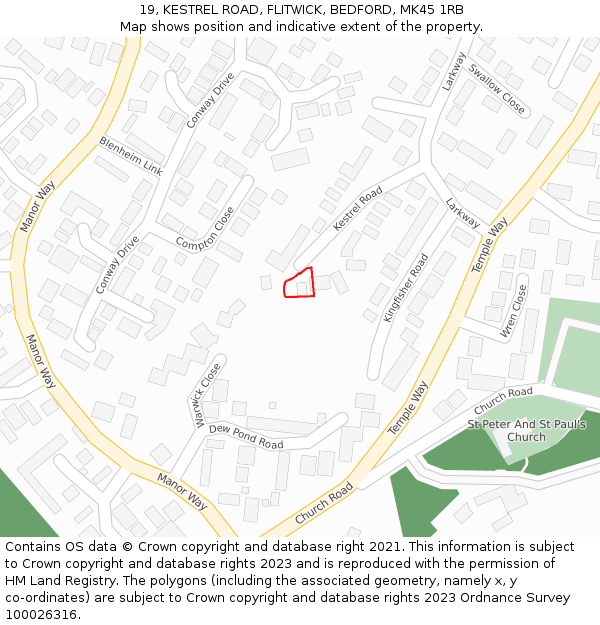 19, KESTREL ROAD, FLITWICK, BEDFORD, MK45 1RB: Location map and indicative extent of plot