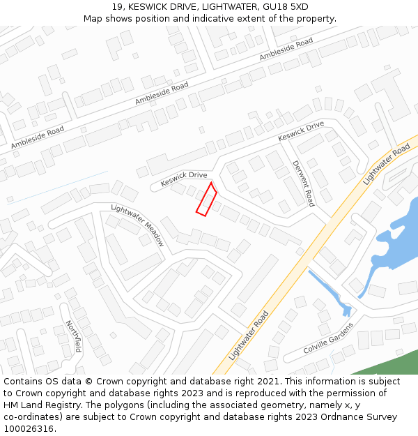 19, KESWICK DRIVE, LIGHTWATER, GU18 5XD: Location map and indicative extent of plot