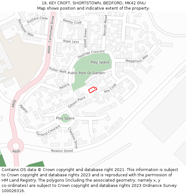 19, KEY CROFT, SHORTSTOWN, BEDFORD, MK42 0NU: Location map and indicative extent of plot