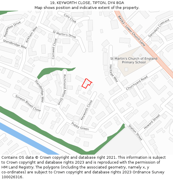 19, KEYWORTH CLOSE, TIPTON, DY4 8GA: Location map and indicative extent of plot