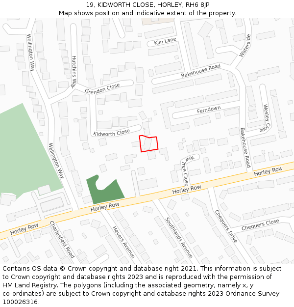 19, KIDWORTH CLOSE, HORLEY, RH6 8JP: Location map and indicative extent of plot