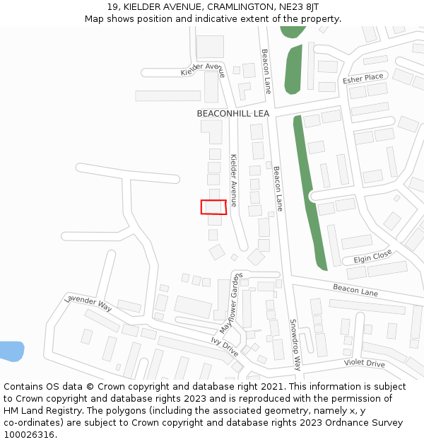 19, KIELDER AVENUE, CRAMLINGTON, NE23 8JT: Location map and indicative extent of plot