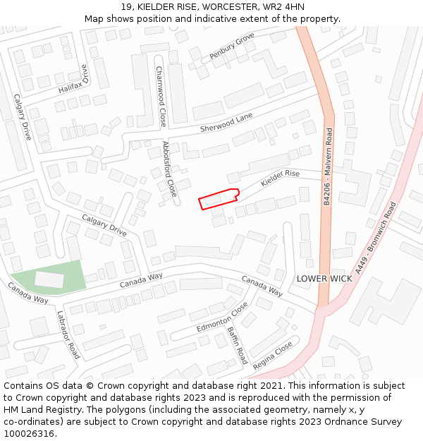 19, KIELDER RISE, WORCESTER, WR2 4HN: Location map and indicative extent of plot