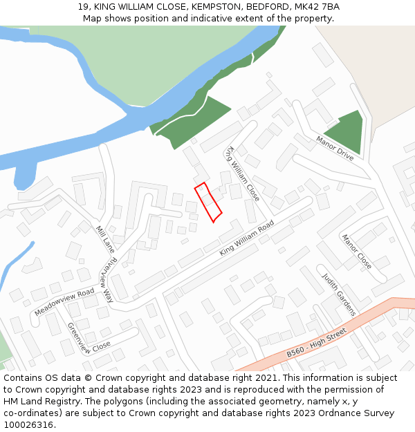 19, KING WILLIAM CLOSE, KEMPSTON, BEDFORD, MK42 7BA: Location map and indicative extent of plot