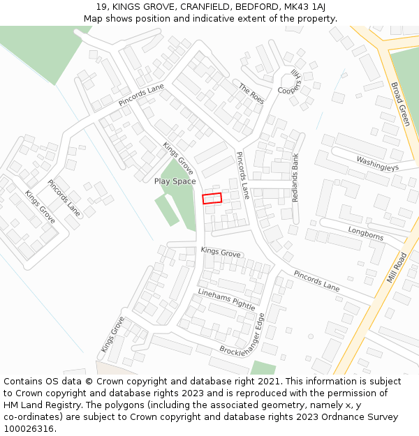 19, KINGS GROVE, CRANFIELD, BEDFORD, MK43 1AJ: Location map and indicative extent of plot