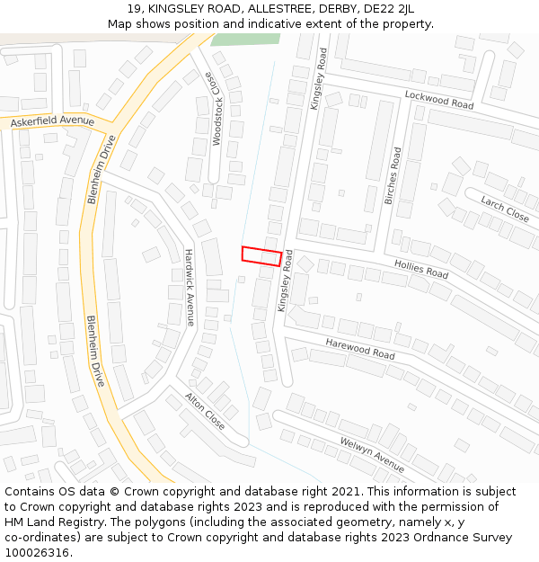 19, KINGSLEY ROAD, ALLESTREE, DERBY, DE22 2JL: Location map and indicative extent of plot