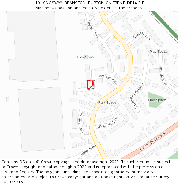 19, KINGSWAY, BRANSTON, BURTON-ON-TRENT, DE14 3JT: Location map and indicative extent of plot