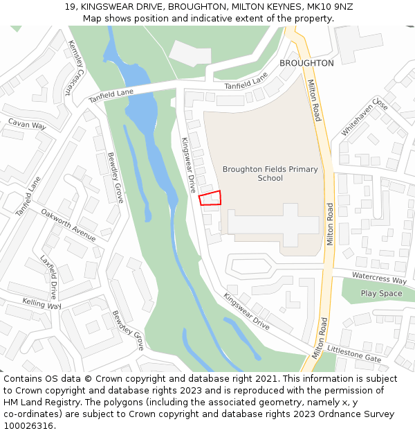 19, KINGSWEAR DRIVE, BROUGHTON, MILTON KEYNES, MK10 9NZ: Location map and indicative extent of plot