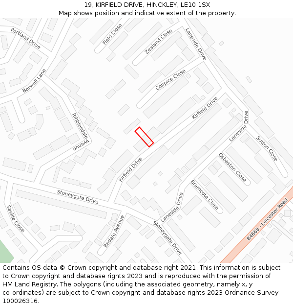 19, KIRFIELD DRIVE, HINCKLEY, LE10 1SX: Location map and indicative extent of plot