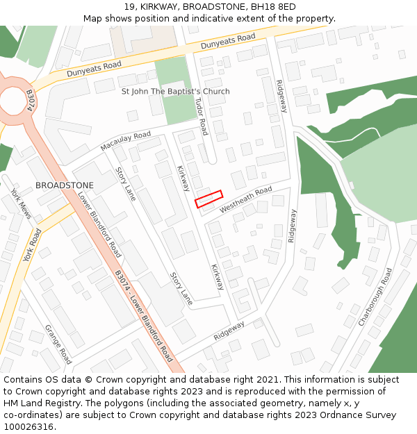 19, KIRKWAY, BROADSTONE, BH18 8ED: Location map and indicative extent of plot