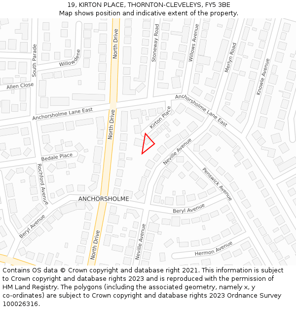 19, KIRTON PLACE, THORNTON-CLEVELEYS, FY5 3BE: Location map and indicative extent of plot