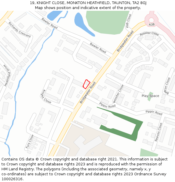 19, KNIGHT CLOSE, MONKTON HEATHFIELD, TAUNTON, TA2 8GJ: Location map and indicative extent of plot