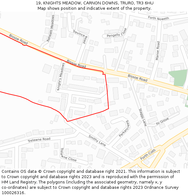 19, KNIGHTS MEADOW, CARNON DOWNS, TRURO, TR3 6HU: Location map and indicative extent of plot