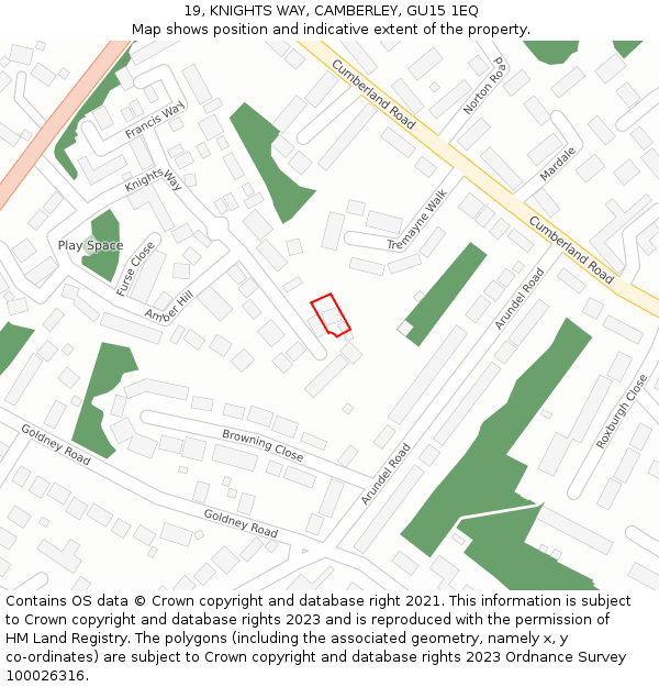 19, KNIGHTS WAY, CAMBERLEY, GU15 1EQ: Location map and indicative extent of plot