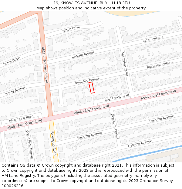 19, KNOWLES AVENUE, RHYL, LL18 3TU: Location map and indicative extent of plot