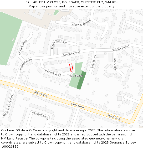 19, LABURNUM CLOSE, BOLSOVER, CHESTERFIELD, S44 6EU: Location map and indicative extent of plot