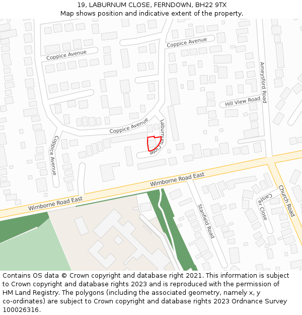 19, LABURNUM CLOSE, FERNDOWN, BH22 9TX: Location map and indicative extent of plot