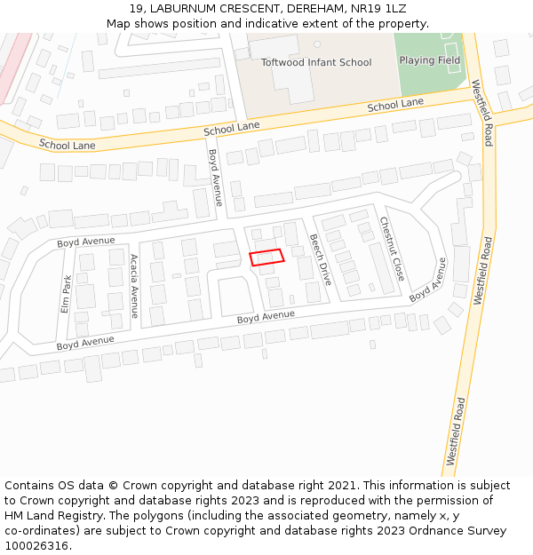 19, LABURNUM CRESCENT, DEREHAM, NR19 1LZ: Location map and indicative extent of plot