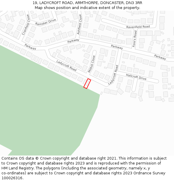 19, LADYCROFT ROAD, ARMTHORPE, DONCASTER, DN3 3RR: Location map and indicative extent of plot