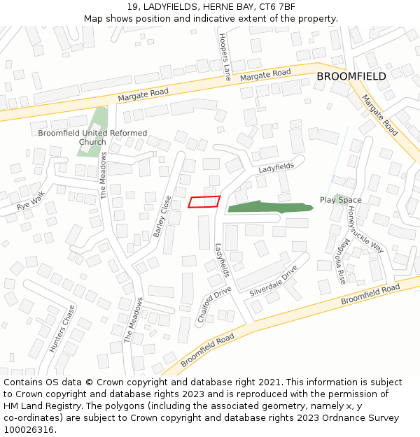 19, LADYFIELDS, HERNE BAY, CT6 7BF: Location map and indicative extent of plot