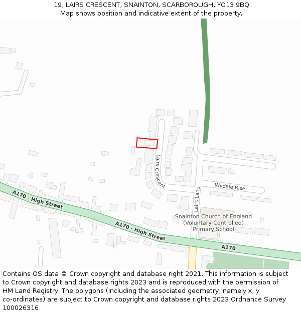 19, LAIRS CRESCENT, SNAINTON, SCARBOROUGH, YO13 9BQ: Location map and indicative extent of plot