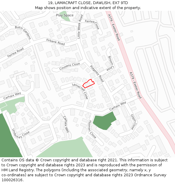 19, LAMACRAFT CLOSE, DAWLISH, EX7 9TD: Location map and indicative extent of plot