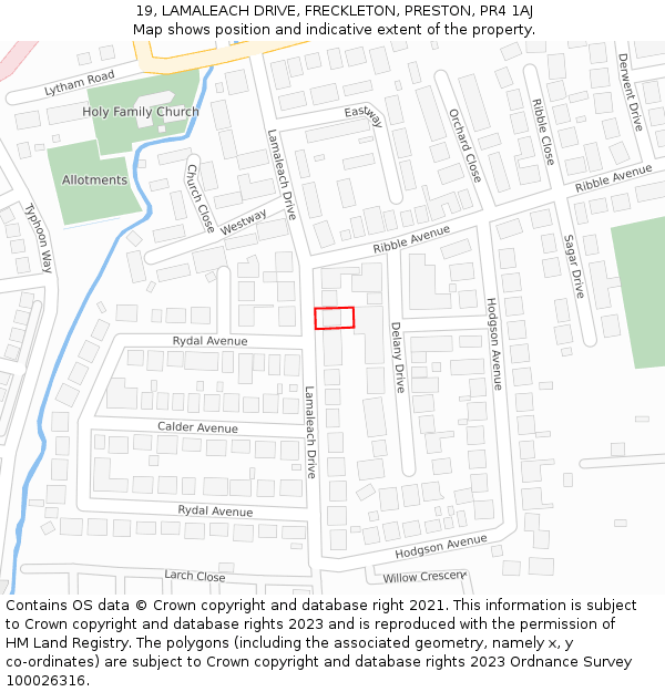 19, LAMALEACH DRIVE, FRECKLETON, PRESTON, PR4 1AJ: Location map and indicative extent of plot