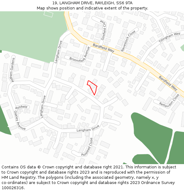 19, LANGHAM DRIVE, RAYLEIGH, SS6 9TA: Location map and indicative extent of plot