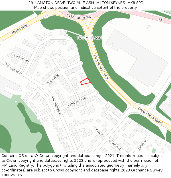 19, LANGTON DRIVE, TWO MILE ASH, MILTON KEYNES, MK8 8PD: Location map and indicative extent of plot