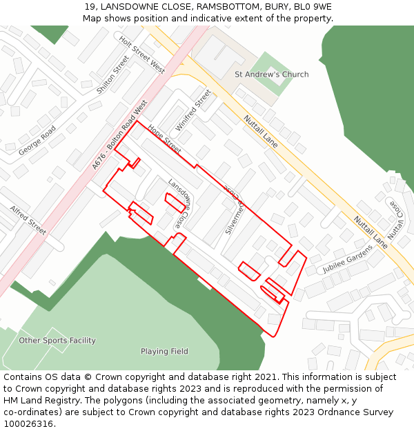 19, LANSDOWNE CLOSE, RAMSBOTTOM, BURY, BL0 9WE: Location map and indicative extent of plot