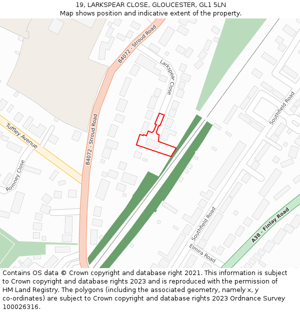 19, LARKSPEAR CLOSE, GLOUCESTER, GL1 5LN: Location map and indicative extent of plot