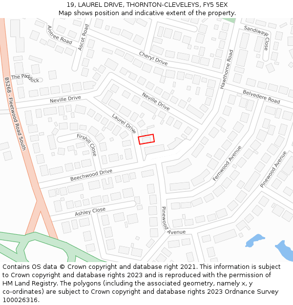19, LAUREL DRIVE, THORNTON-CLEVELEYS, FY5 5EX: Location map and indicative extent of plot