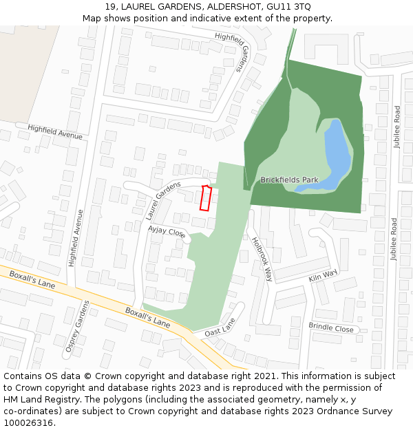 19, LAUREL GARDENS, ALDERSHOT, GU11 3TQ: Location map and indicative extent of plot