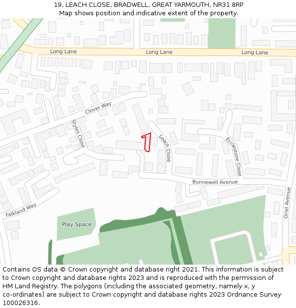 19, LEACH CLOSE, BRADWELL, GREAT YARMOUTH, NR31 8RP: Location map and indicative extent of plot