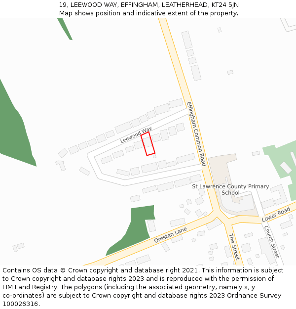 19, LEEWOOD WAY, EFFINGHAM, LEATHERHEAD, KT24 5JN: Location map and indicative extent of plot