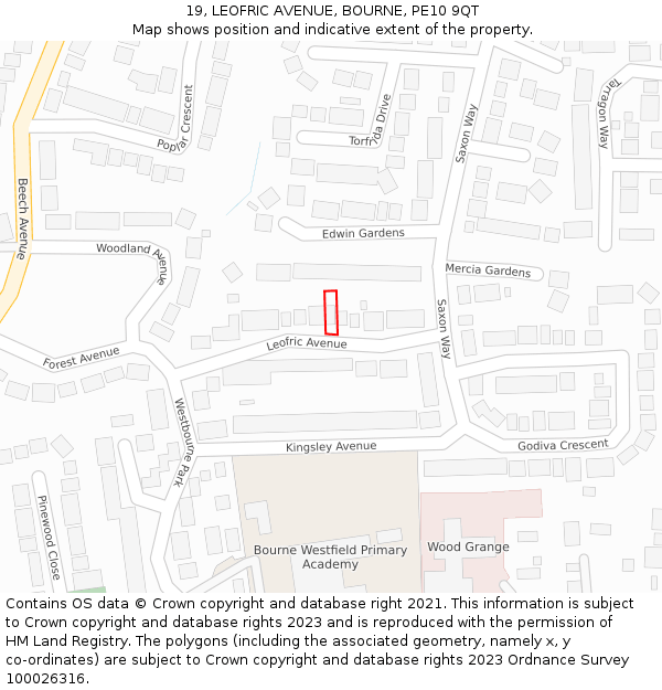 19, LEOFRIC AVENUE, BOURNE, PE10 9QT: Location map and indicative extent of plot