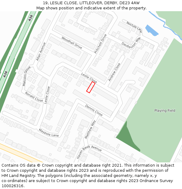 19, LESLIE CLOSE, LITTLEOVER, DERBY, DE23 4AW: Location map and indicative extent of plot