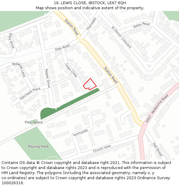 19, LEWIS CLOSE, IBSTOCK, LE67 6QH: Location map and indicative extent of plot