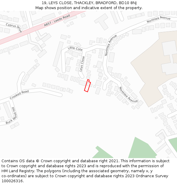 19, LEYS CLOSE, THACKLEY, BRADFORD, BD10 8NJ: Location map and indicative extent of plot